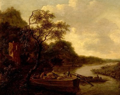 Escena de río con barco de Dutch School